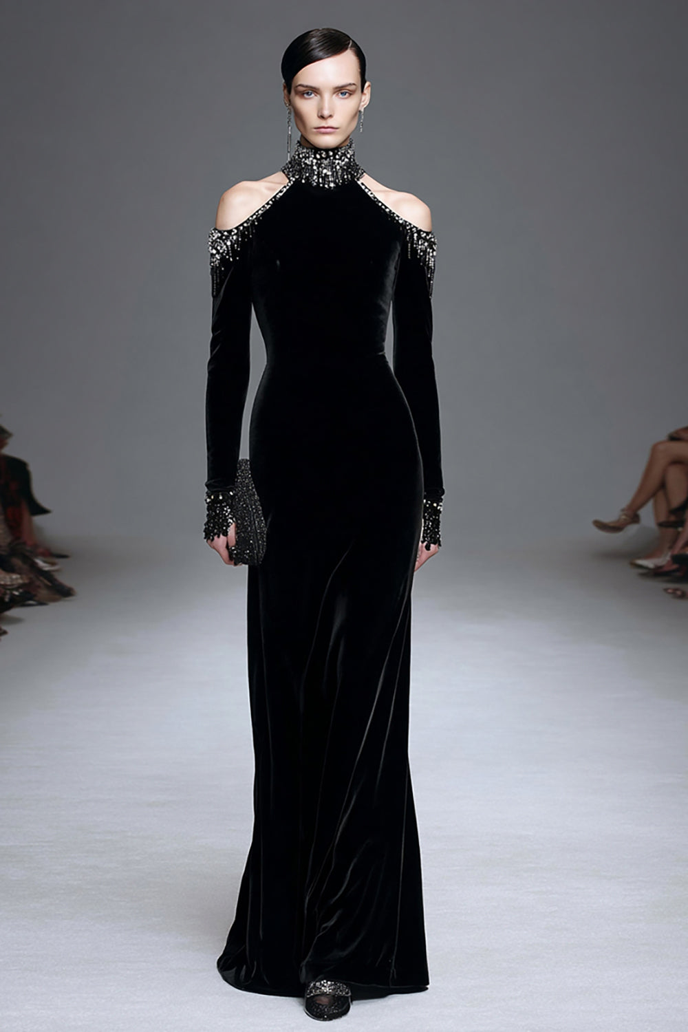 Black Velvet High Neck Long Sleeves Formal Dress with Beading