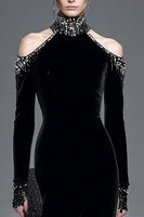 Load image into Gallery viewer, Black Velvet High Neck Long Sleeves Formal Dress with Beading