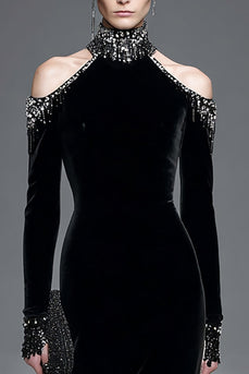 Black Velvet High Neck Long Sleeves Formal Dress with Beading