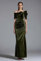 Load image into Gallery viewer, Olive Off the Shoulder Long Velvet Sheath Formal Dress with Bow