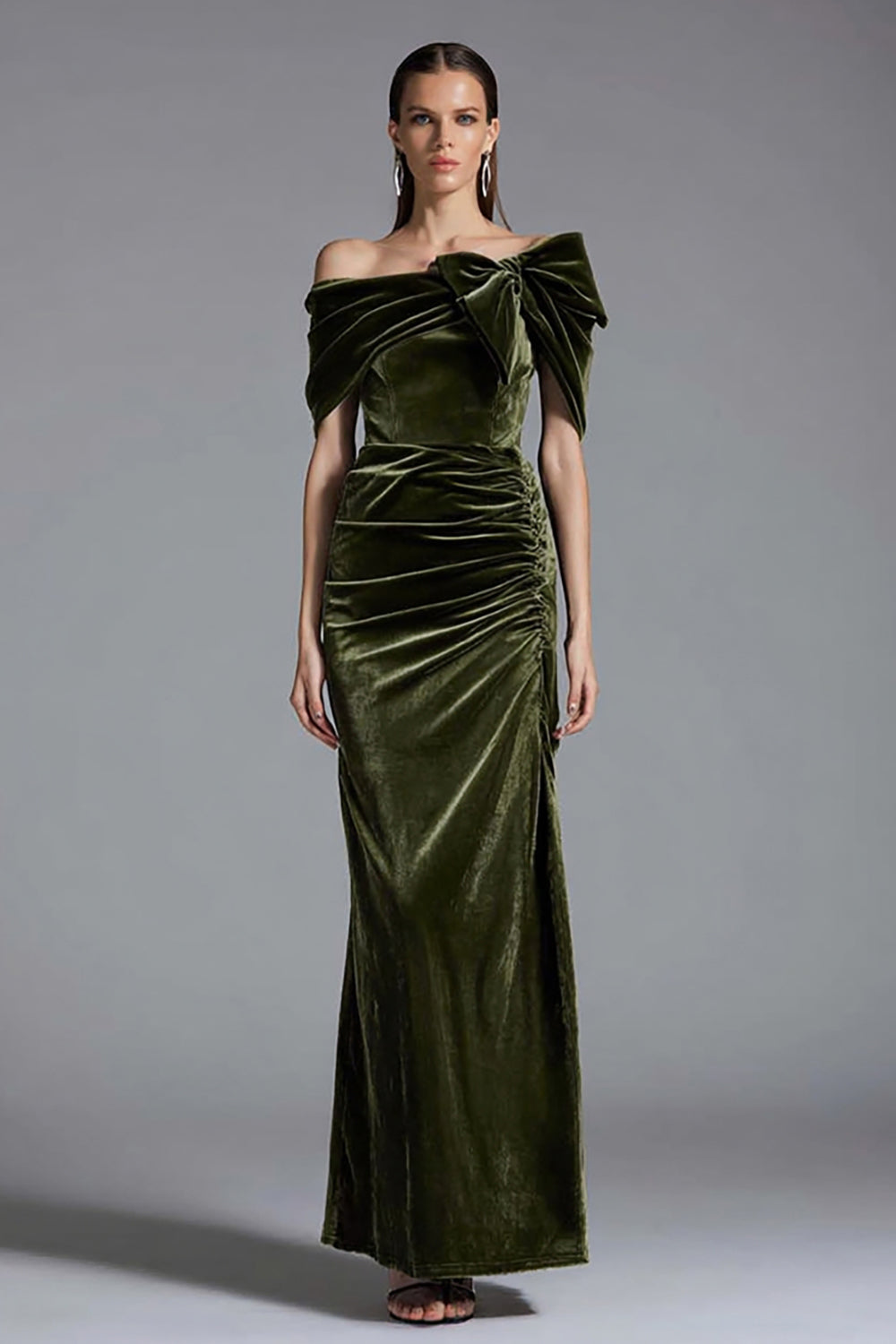 Olive Off the Shoulder Long Velvet Sheath Formal Dress with Bow