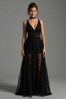 Load image into Gallery viewer, Black Lace V-Neck A Line Long Formal Dress
