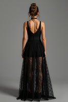 Load image into Gallery viewer, Black Lace V-Neck A Line Long Formal Dress