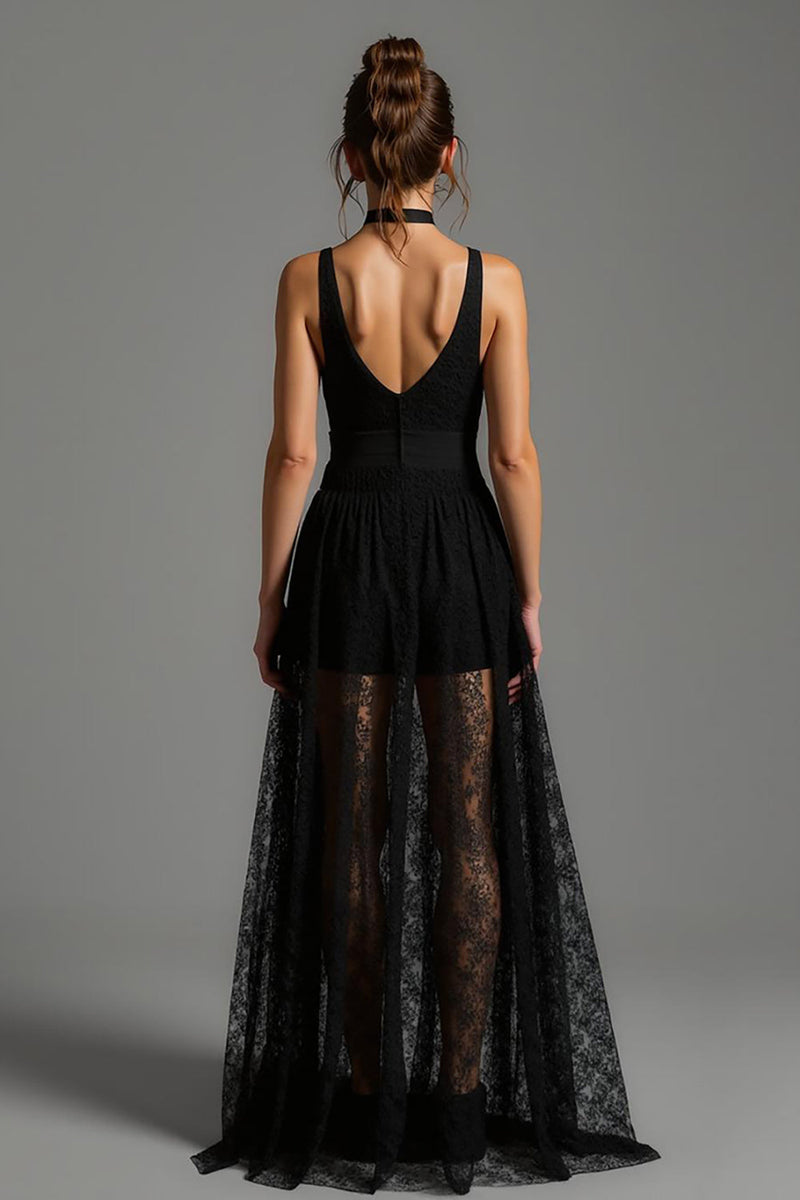 Load image into Gallery viewer, Black Lace V-Neck A Line Long Formal Dress