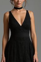 Load image into Gallery viewer, Black Lace V-Neck A Line Long Formal Dress