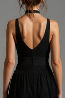 Load image into Gallery viewer, Black Lace V-Neck A Line Long Formal Dress