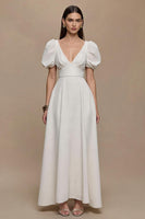 Load image into Gallery viewer, Ivory Satin V-Neck Puff Sleeves Long A-Line Formal Dress