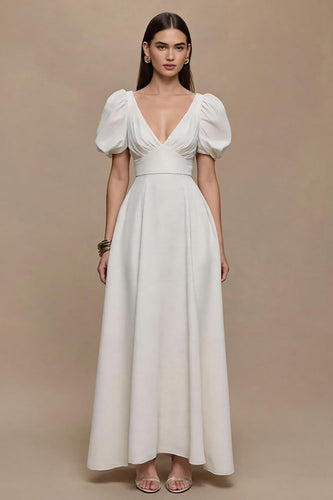 Ivory Satin V-Neck Puff Sleeves Long A-Line Formal Dress