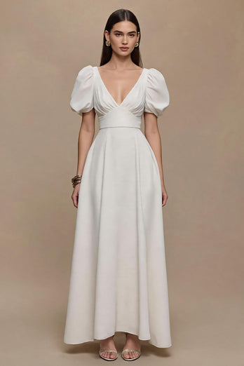 Ivory Satin V-Neck Puff Sleeves Long A-Line Formal Dress