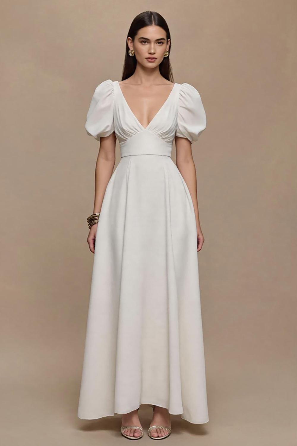 Ivory Satin V-Neck Puff Sleeves Long A-Line Formal Dress