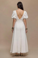 Load image into Gallery viewer, Ivory Satin V-Neck Puff Sleeves Long A-Line Formal Dress