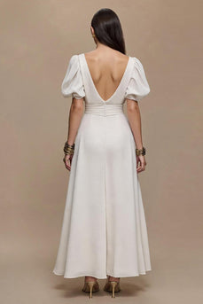 Ivory Satin V-Neck Puff Sleeves Long A-Line Formal Dress