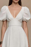 Load image into Gallery viewer, Ivory Satin V-Neck Puff Sleeves Long A-Line Formal Dress