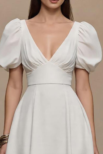 Ivory Satin V-Neck Puff Sleeves Long A-Line Formal Dress