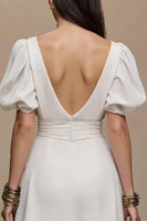 Load image into Gallery viewer, Ivory Satin V-Neck Puff Sleeves Long A-Line Formal Dress
