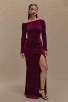 Load image into Gallery viewer, Burgundy One Shoulder Satin Long Sleeves Formal Dress with Slit