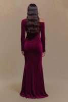 Load image into Gallery viewer, Burgundy One Shoulder Satin Long Sleeves Formal Dress with Slit