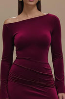 Load image into Gallery viewer, Burgundy One Shoulder Satin Long Sleeves Formal Dress with Slit