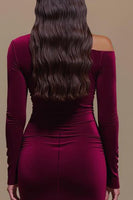 Load image into Gallery viewer, Burgundy One Shoulder Satin Long Sleeves Formal Dress with Slit