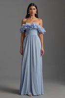 Load image into Gallery viewer, Sky Blue Off the Shoulder Chiffon A Line Long Formal Dress