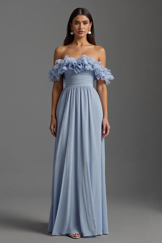 Sky Blue Off the Shoulder Chiffon A Line Long Formal Dress