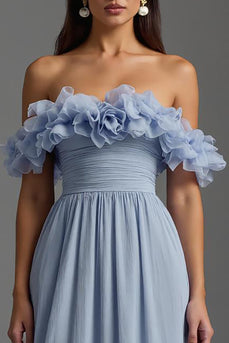 Sky Blue Off the Shoulder Chiffon A Line Long Formal Dress