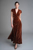 Load image into Gallery viewer, Caramel Velvet V Neck Ruched Long Formal Dress with Sleeves