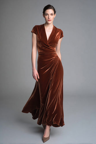 Caramel Velvet V Neck Ruched Long Formal Dress with Sleeves