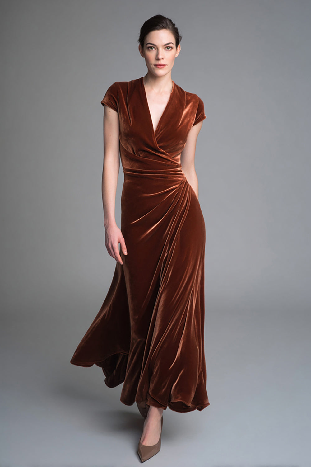 Caramel Velvet V Neck Ruched Long Formal Dress with Sleeves
