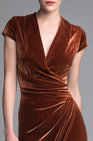 Load image into Gallery viewer, Caramel Velvet V Neck Ruched Long Formal Dress with Sleeves
