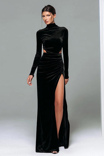 Black Velvet Sheath High Neck Long Formal Dress with Slit