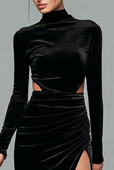Black Velvet Sheath High Neck Long Formal Dress with Slit