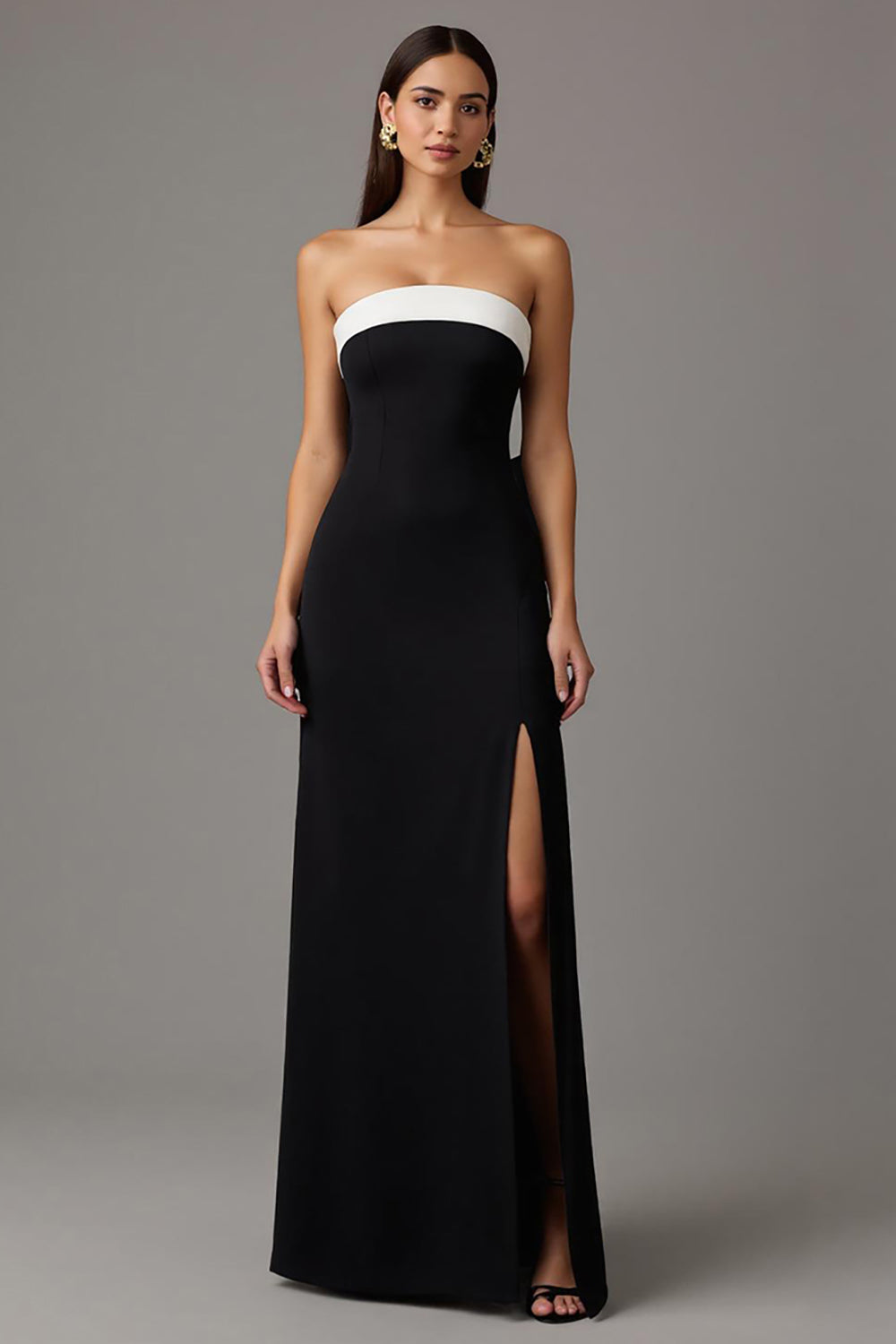 Black and White Strapless Long Sheath Formal Dress with Slit