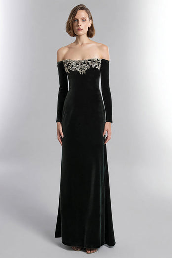 Black Velvet Long Sleeves A-Line Formal Dress with Rhinestones