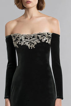 Black Velvet Long Sleeves A-Line Formal Dress with Rhinestones