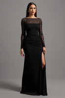 Load image into Gallery viewer, Black Sheath Illusion Neck Long Sleeves Formal Dress with Lace