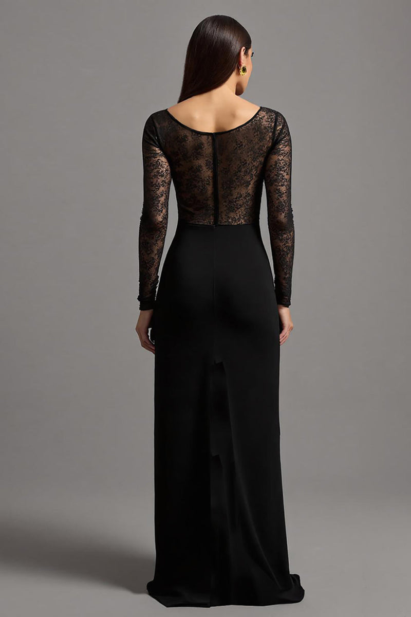 Load image into Gallery viewer, Black Sheath Illusion Neck Long Sleeves Formal Dress with Lace
