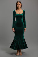 Load image into Gallery viewer, Dark Green Mermaid Square Neck Velvet Long Sleeves Formal Dress