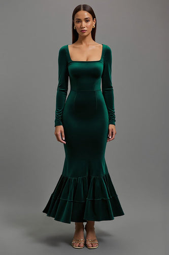 Dark Green Mermaid Square Neck Velvet Long Sleeves Formal Dress
