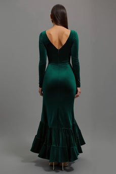 Dark Green Mermaid Square Neck Velvet Long Sleeves Formal Dress