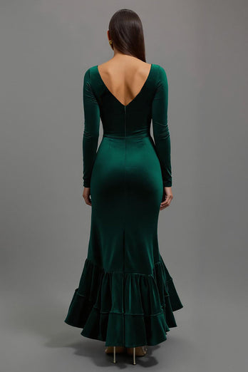 Dark Green Mermaid Square Neck Velvet Long Sleeves Formal Dress