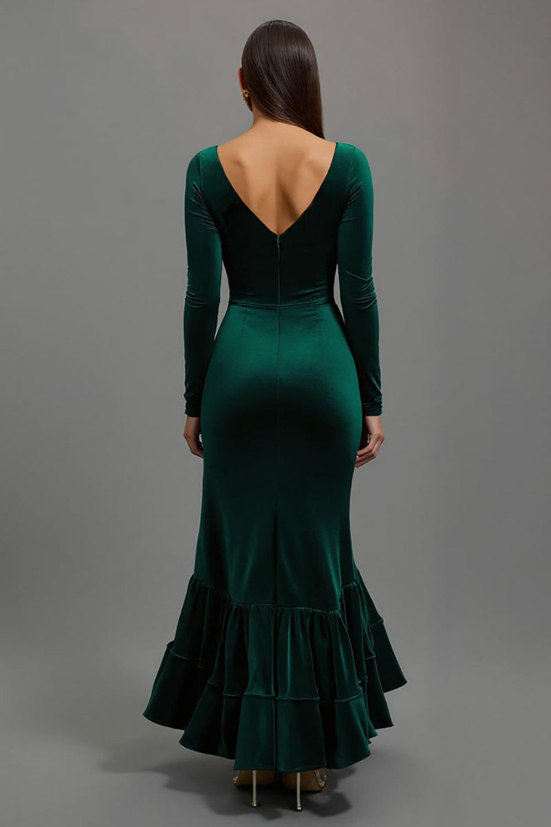 Load image into Gallery viewer, Dark Green Mermaid Square Neck Velvet Long Sleeves Formal Dress