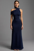 Load image into Gallery viewer, Navy Sheath Satin One Shoulder Long Formal Dress