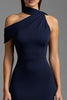 Load image into Gallery viewer, Navy Sheath Satin One Shoulder Long Formal Dress