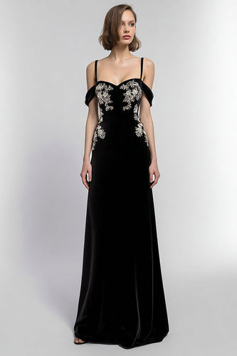 Black Velvet A Line Cold Shoulder Long Formal Dress with Appliques
