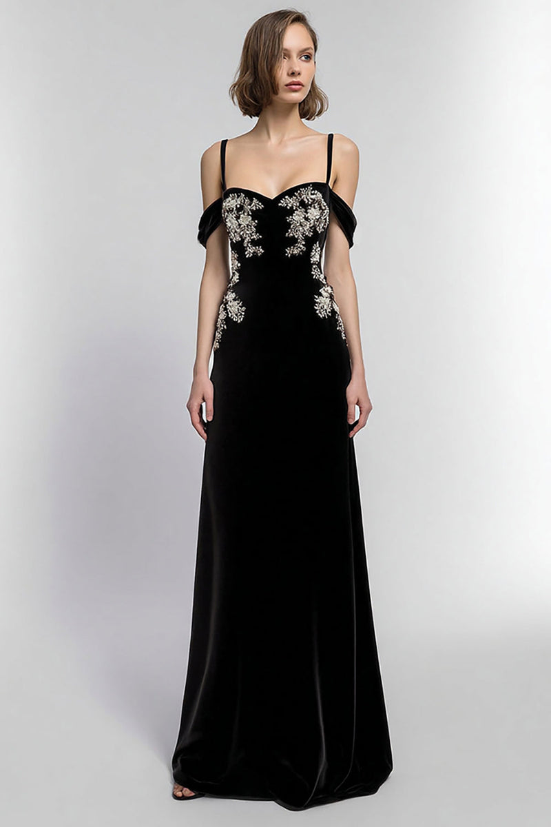 Load image into Gallery viewer, Black Velvet A Line Cold Shoulder Long Formal Dress with Appliques