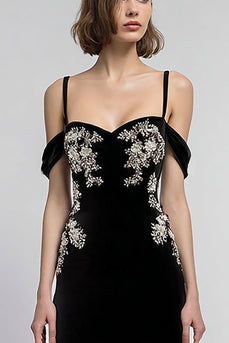 Black Velvet A Line Cold Shoulder Long Formal Dress with Appliques