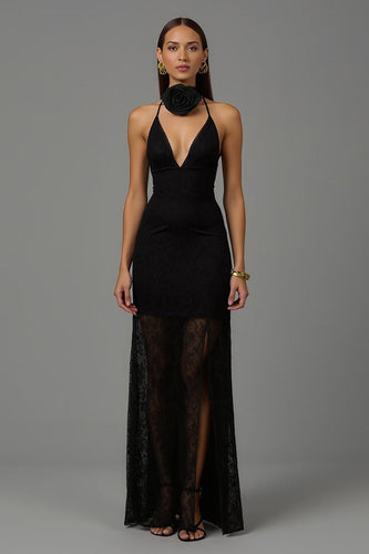 Black Sheath Spaghetti Straps Long Formal Dress with Lace