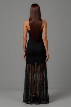 Black Sheath Spaghetti Straps Long Formal Dress with Lace