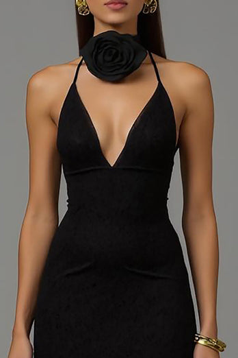 Black Sheath Spaghetti Straps Long Formal Dress with Lace